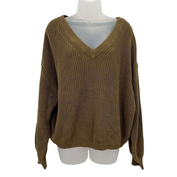 bp Sweaters - NEW BP Pullover Large Olive Green Chunky Knit V-neck Long Sleeve 100% Cotton